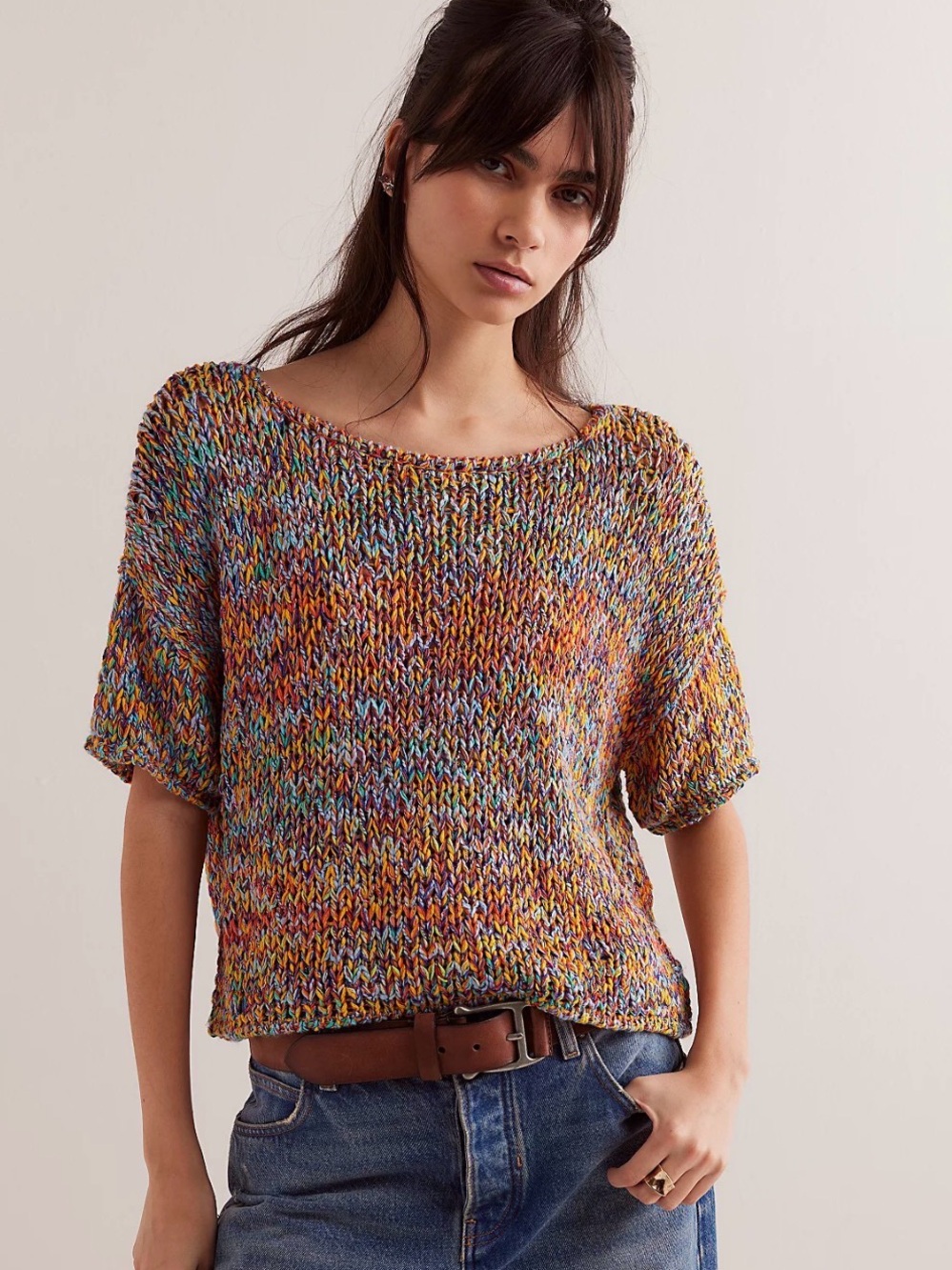 Free People Mezcal Sweater Tee M Multicolor Marled Open Knit Boho Cropped